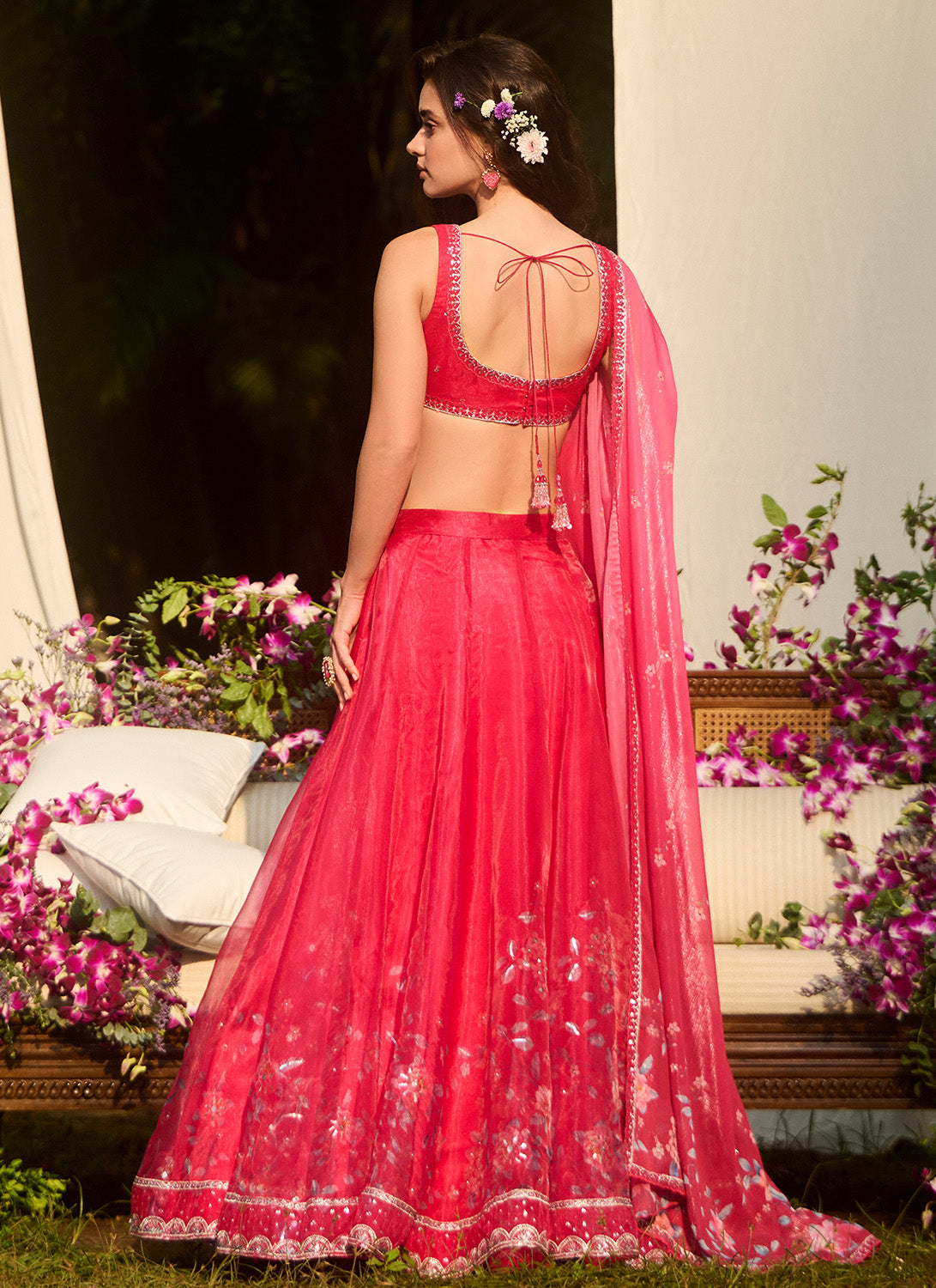 Hot Pink Floral Embroidered Lehenga