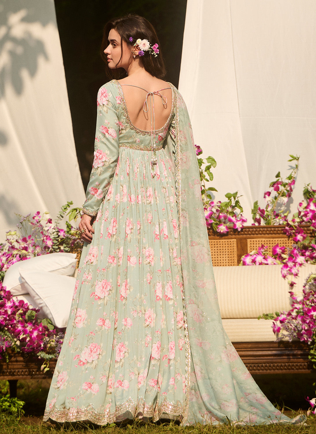 Light Green Multicolor Floral Printed Anarkali