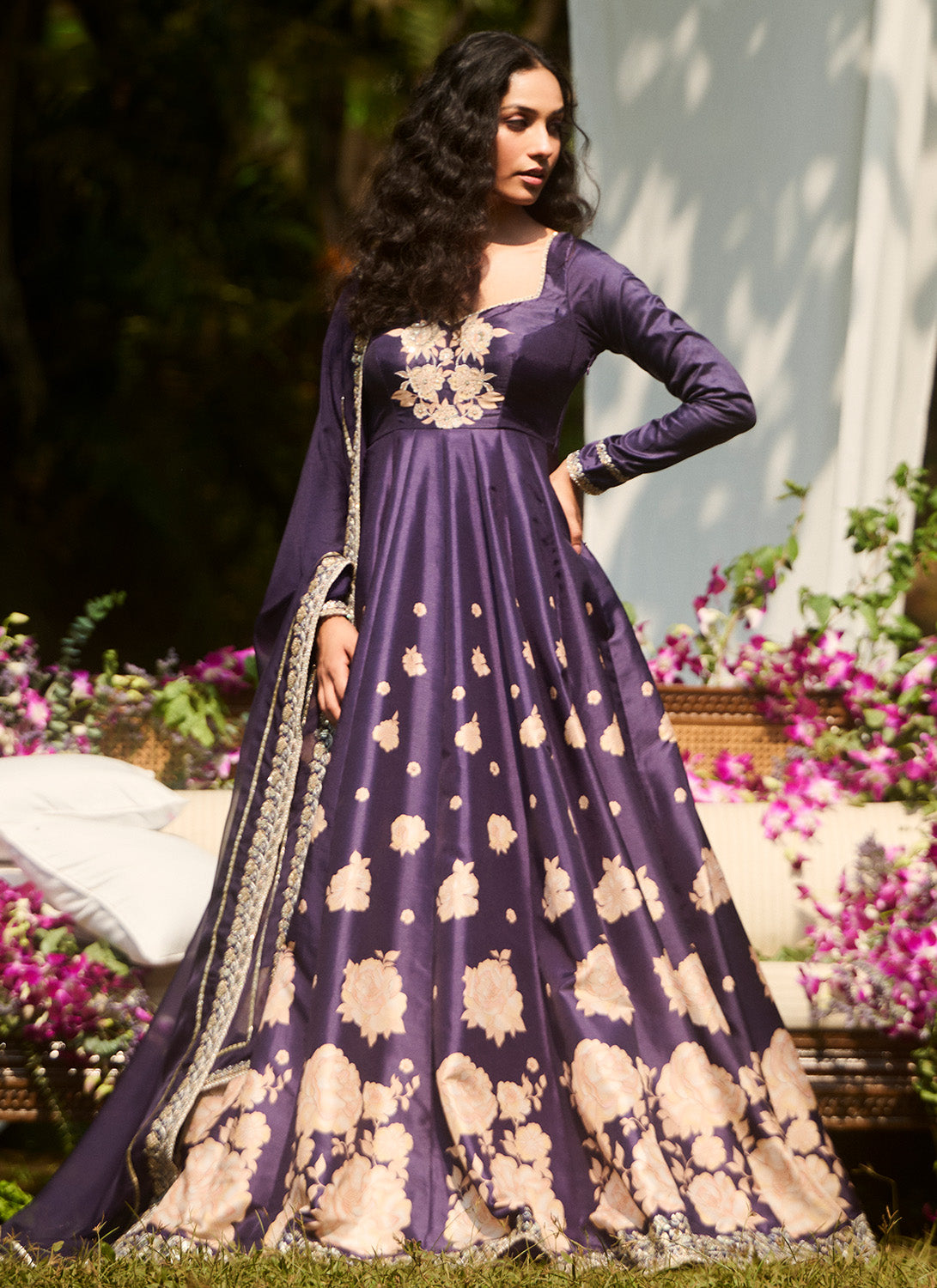 Navy Blue Floral Printed Anarkali