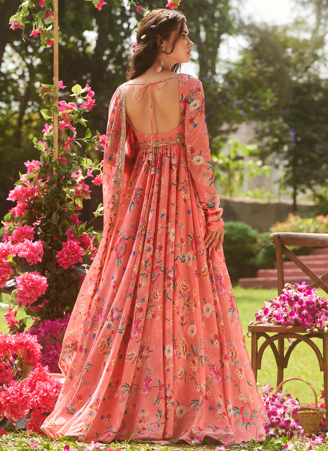 Coral Multicolor Floral Printed Anarkali