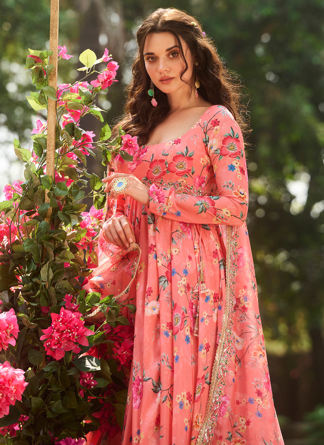 Coral Multicolor Floral Printed Anarkali
