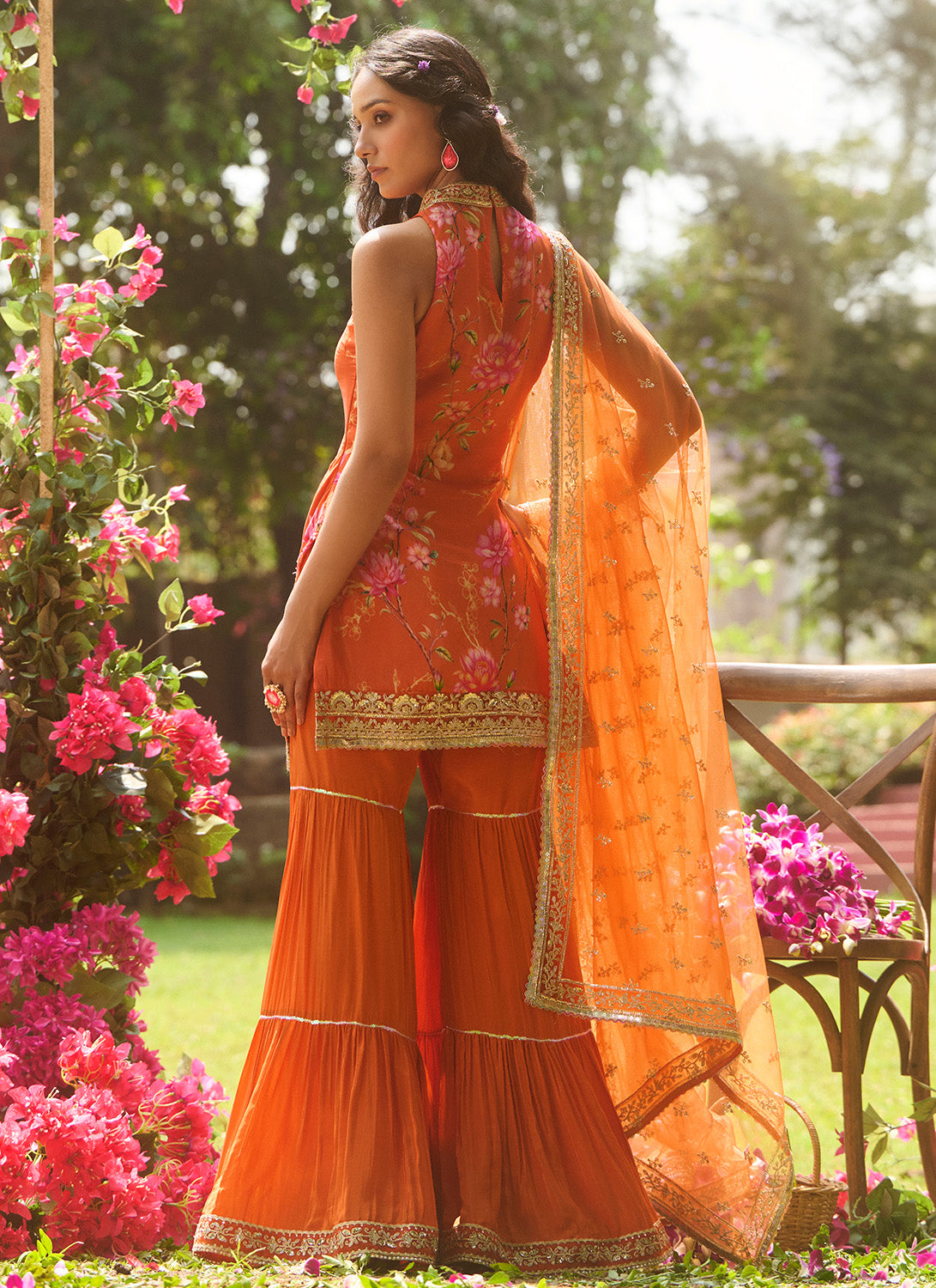 Orange Floral Embroidered Silk Gharara Suit