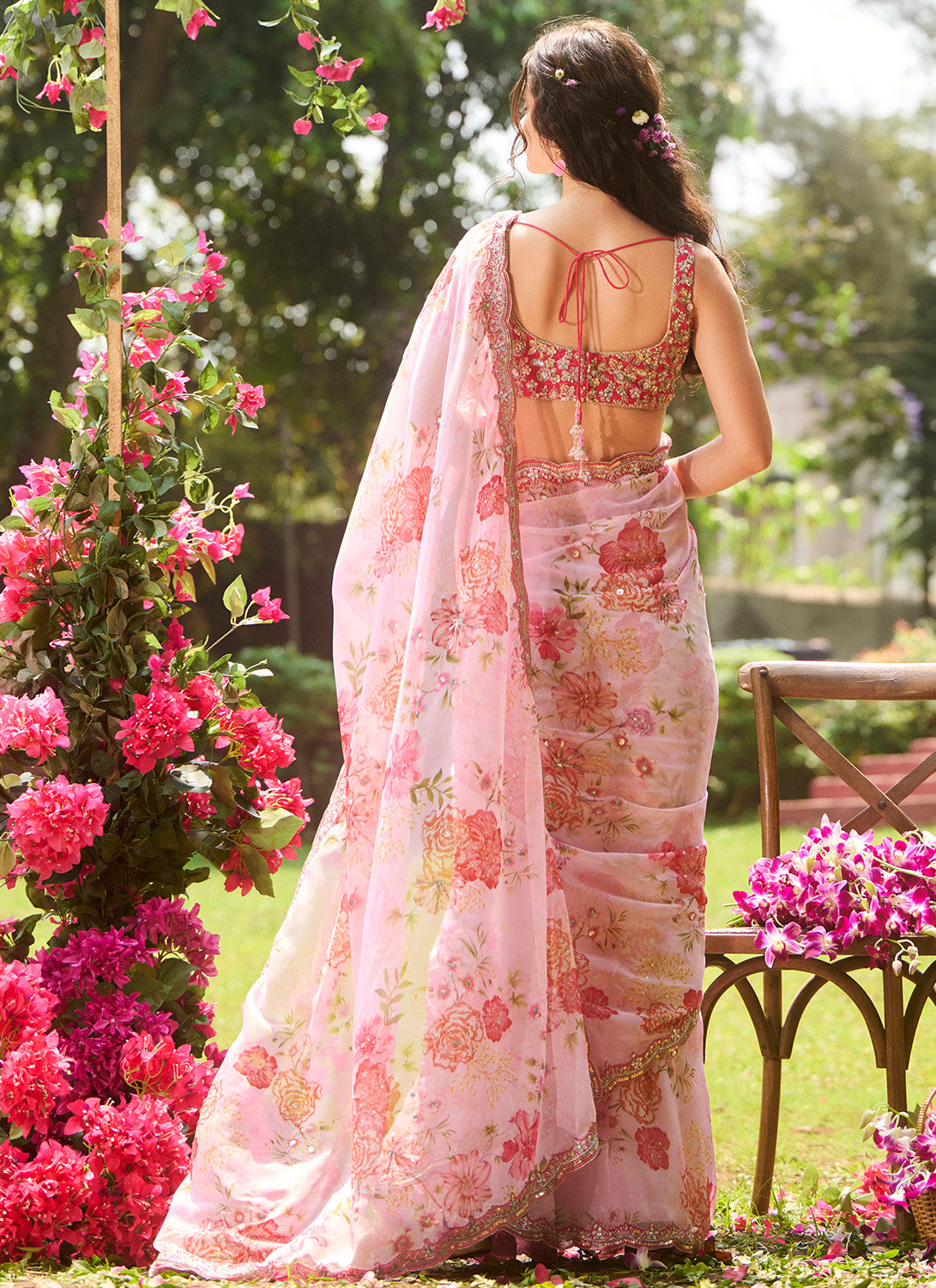 Pink Multicolor Floral Embroidered Saree
