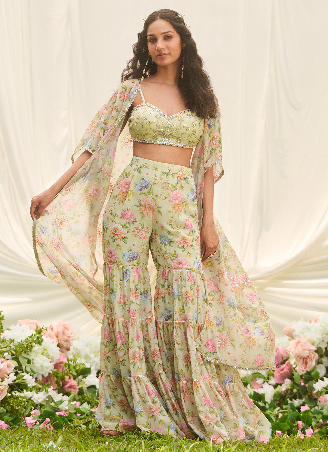 Mint Green Floral Embroidered Pant Set With Jacket