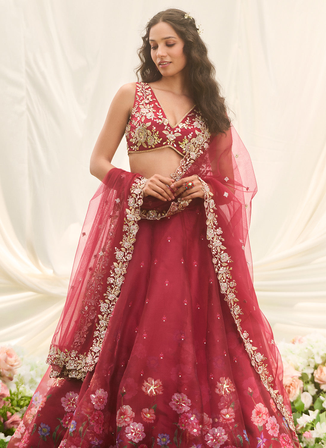Red Multicolor Floral Embroidered Lehenga