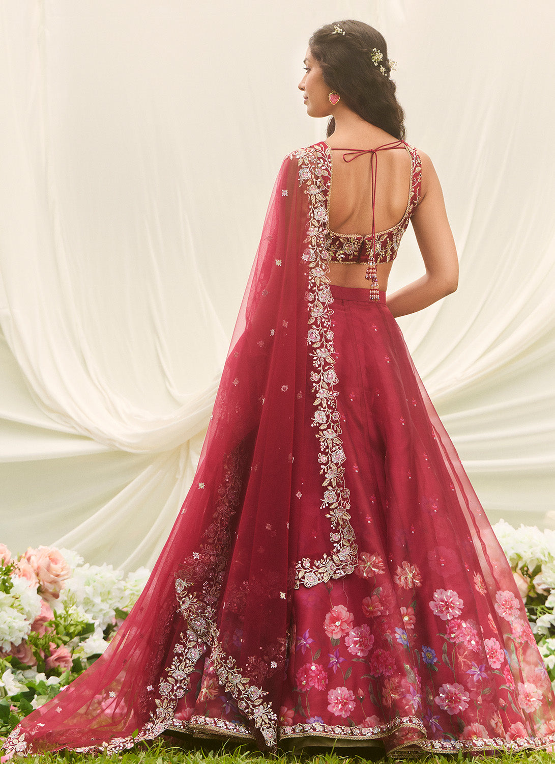 Red Multicolor Floral Embroidered Lehenga