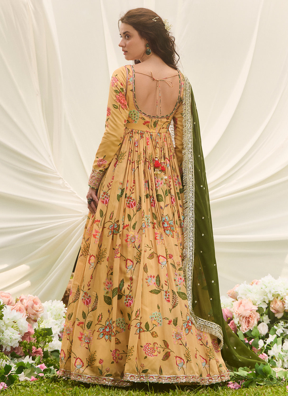 Mustard and Green Floral Printed Anarkali