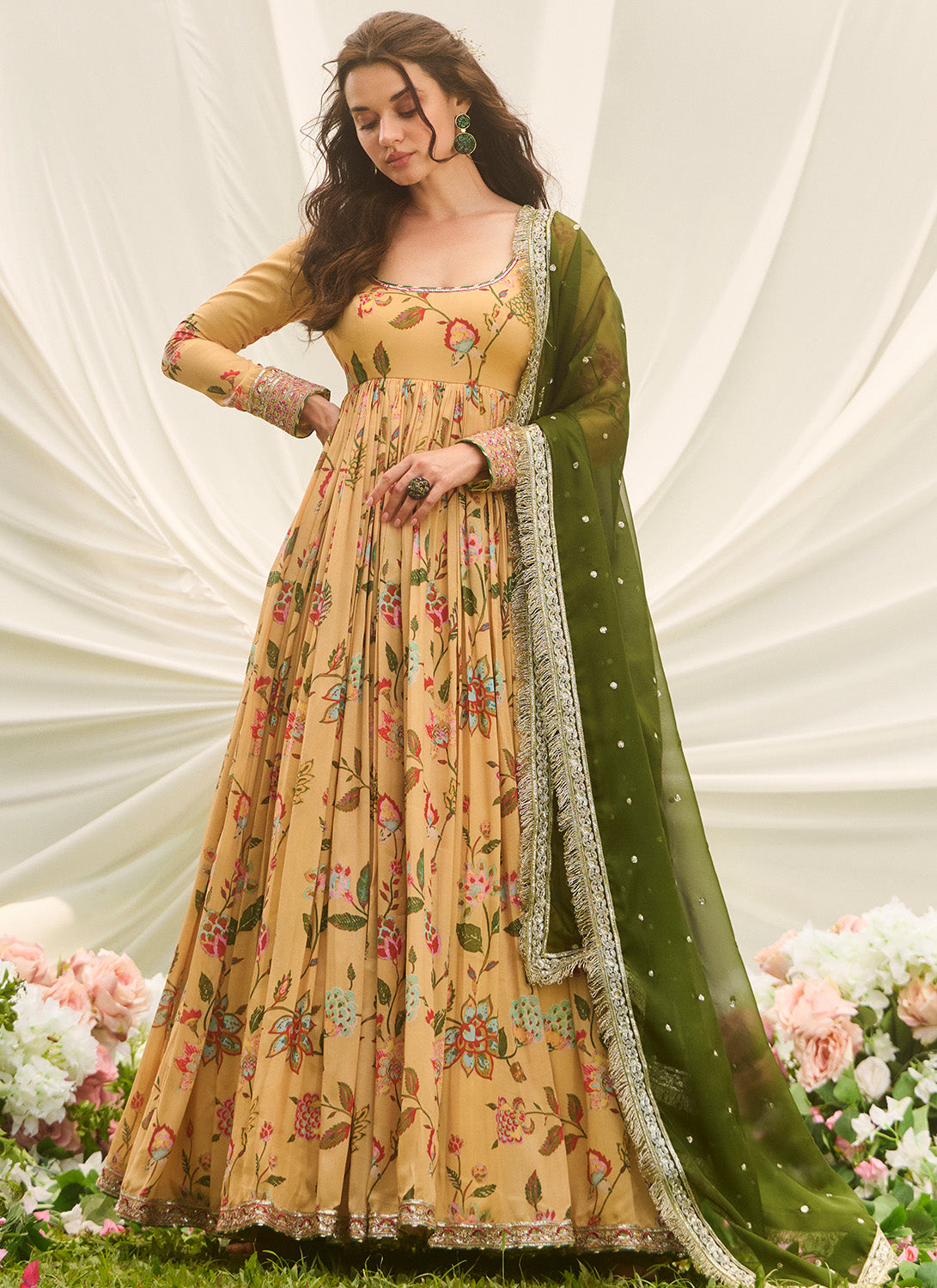Mustard and Green Floral Printed Anarkali