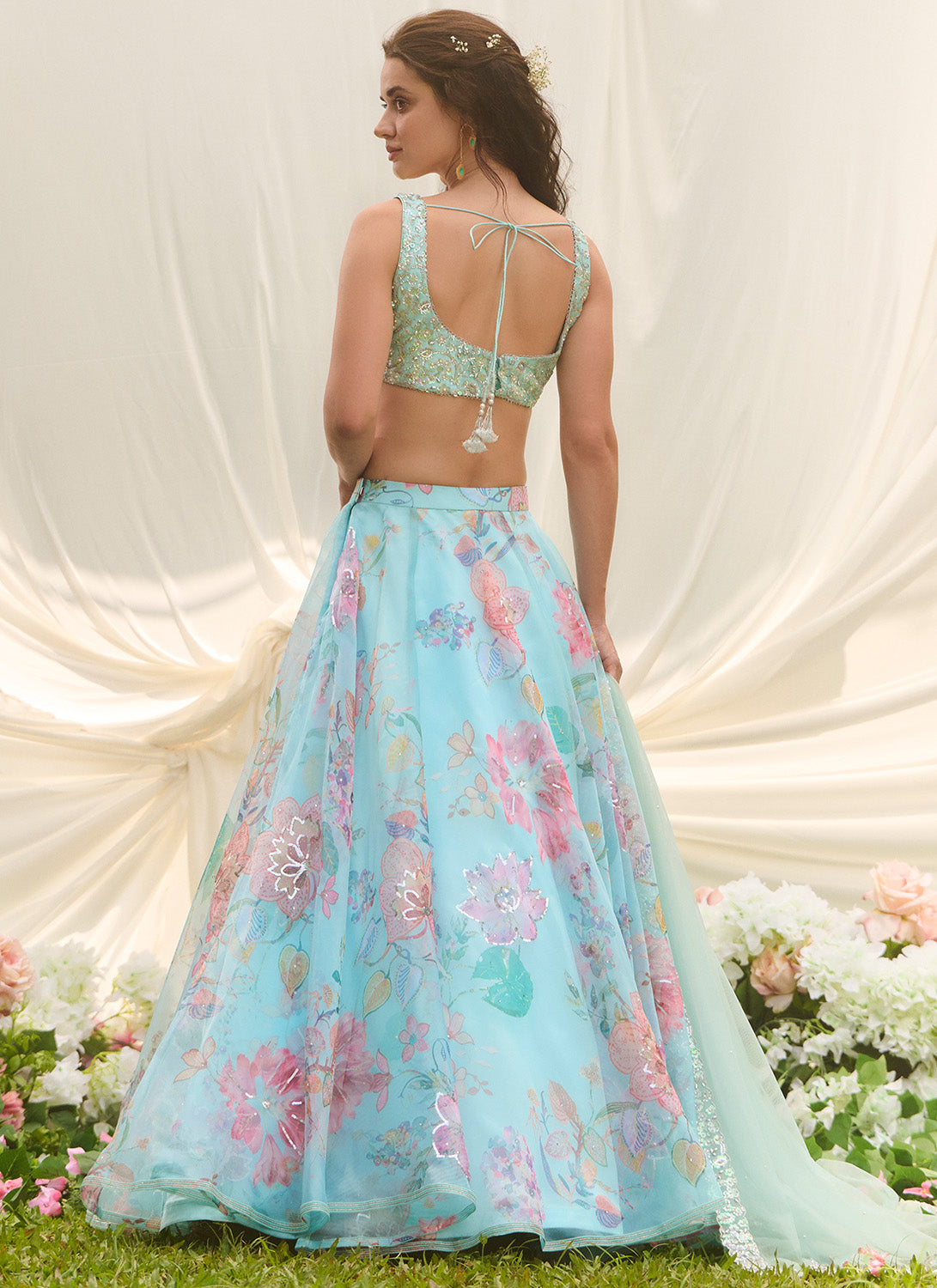 Sky Blue Multicolor Floral Embroidered Lehenga