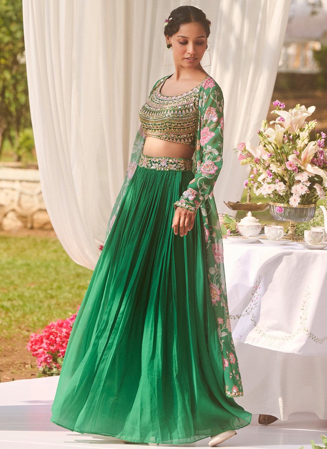 Green Floral Embroidered Pant Set With Jacket