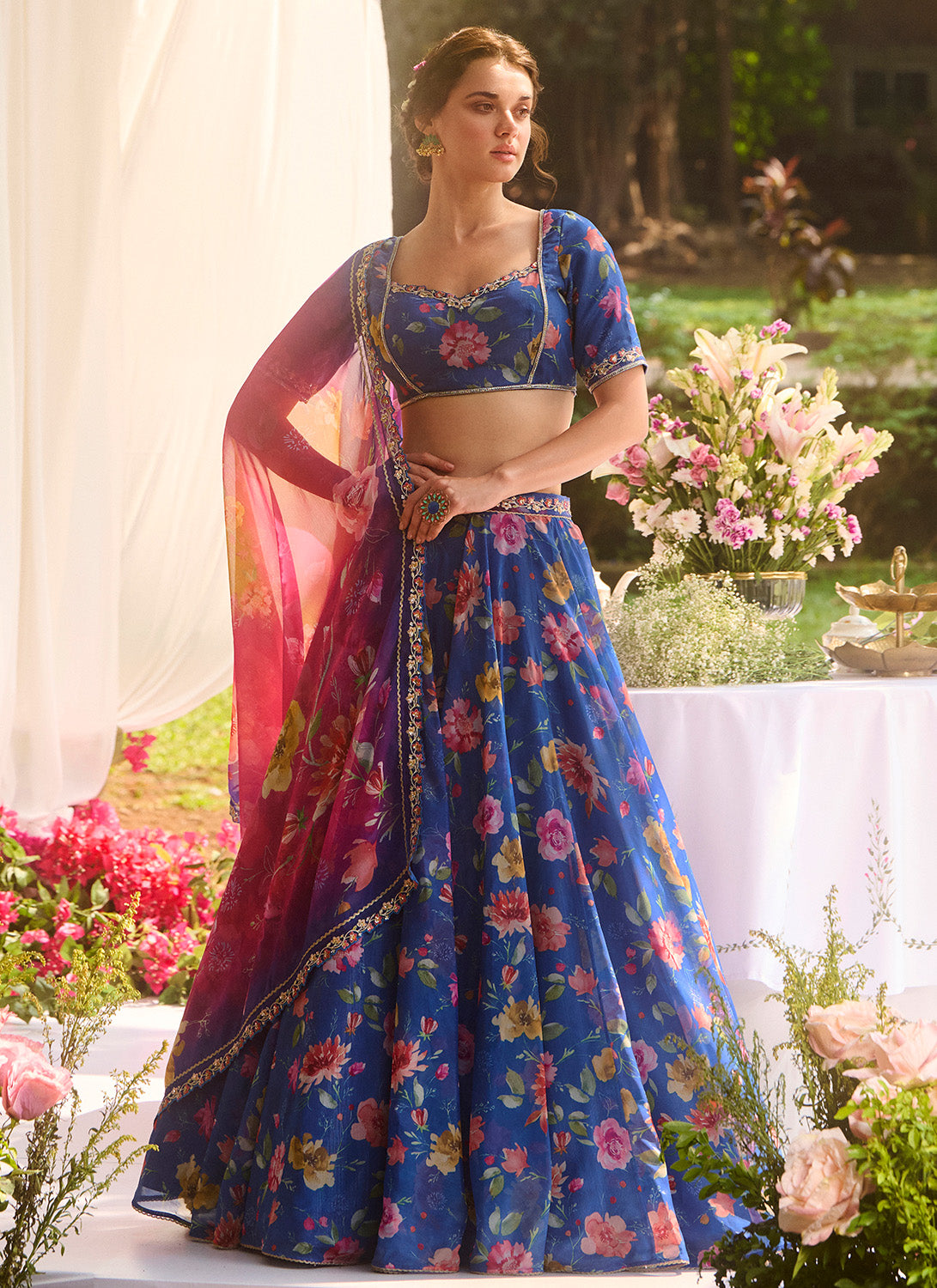 Blue Multicolor Floral Printed Chiffon Lehenga