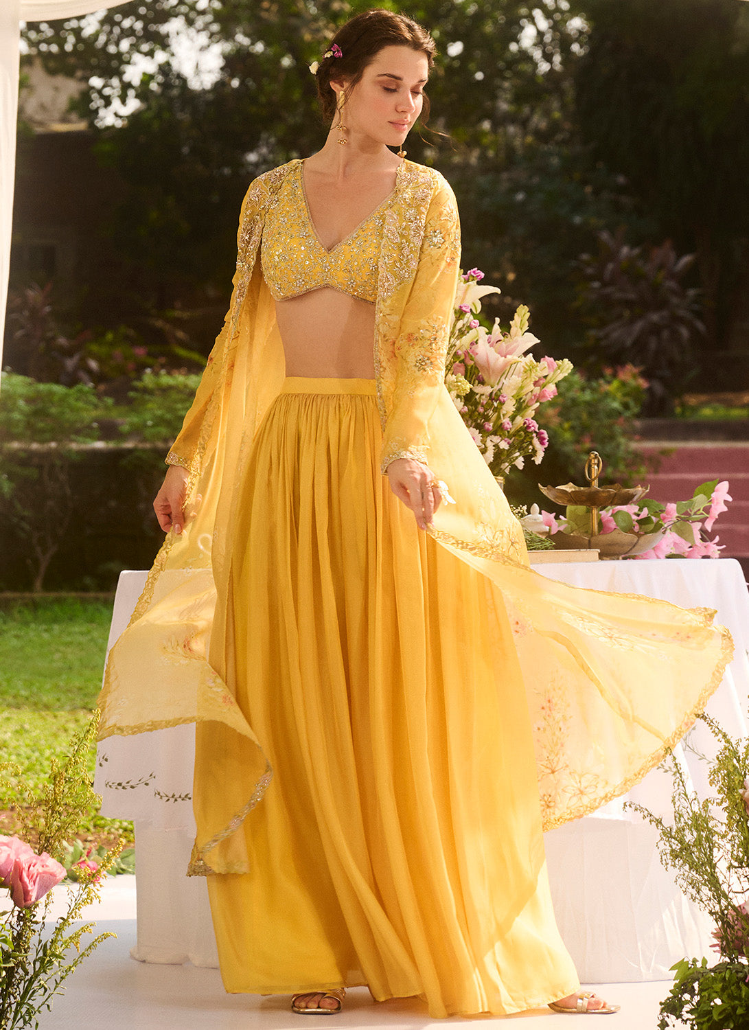 Yellow Floral Embroidered Pant Set With Jacket