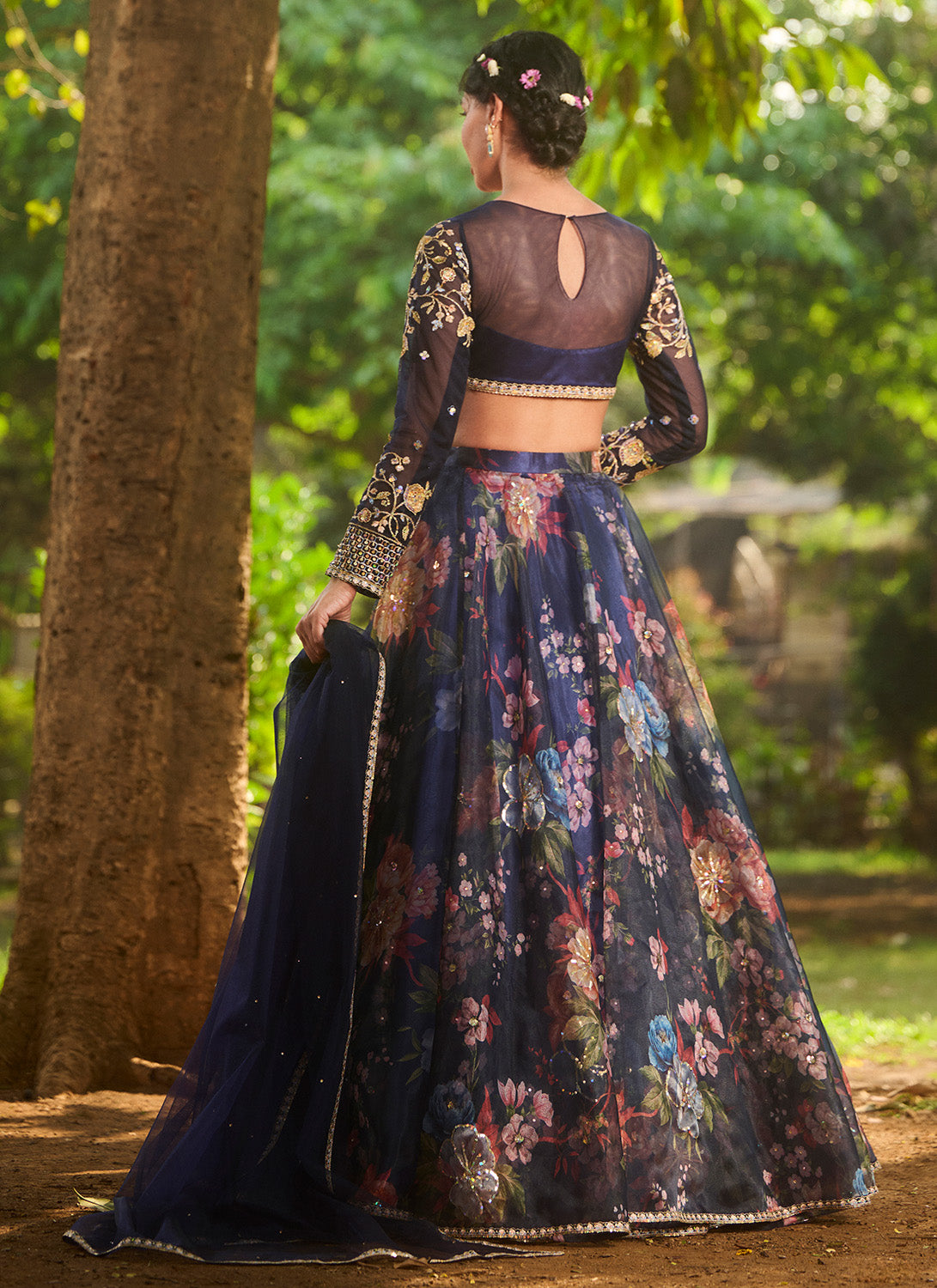 Navy Blue Floral Embroidered Lehenga