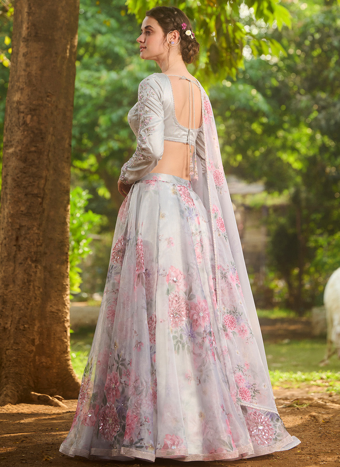 Grey Multicolor Floral Embroidered Lehenga
