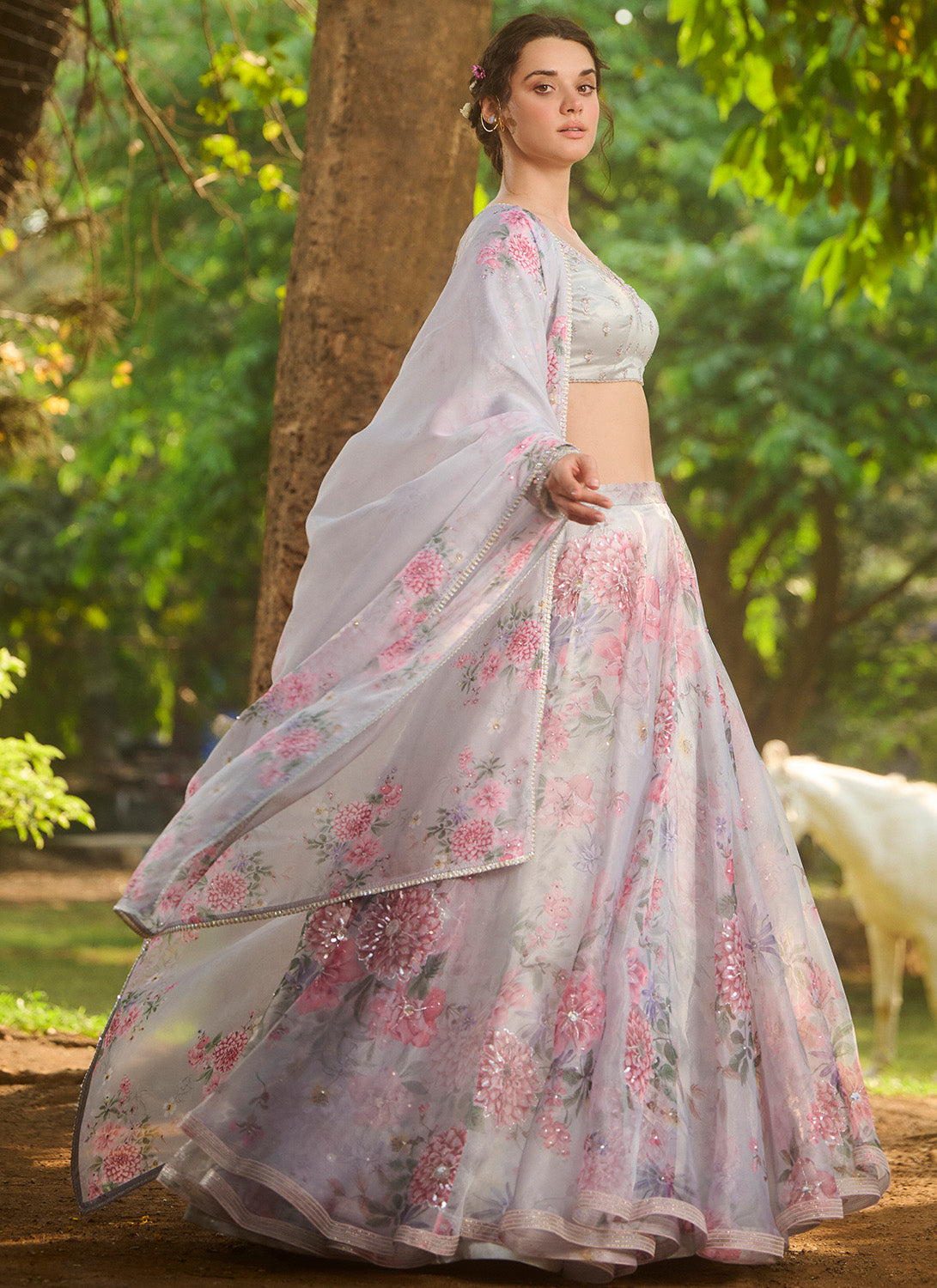 Grey Multicolor Floral Embroidered Lehenga