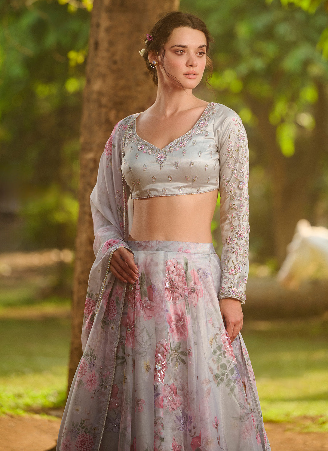 Grey Multicolor Floral Embroidered Lehenga