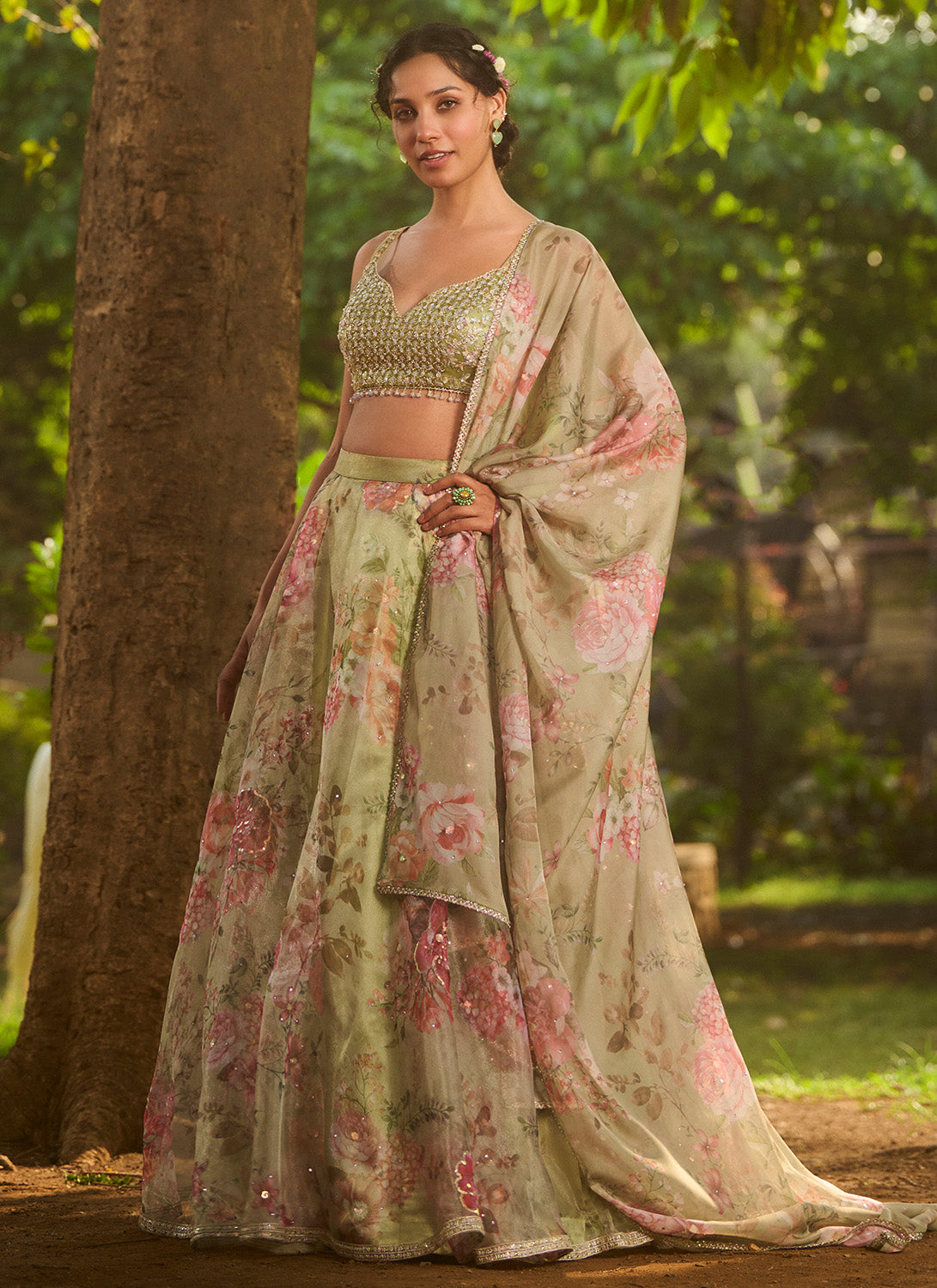 Dusty Green Floral Embroidered Lehenga