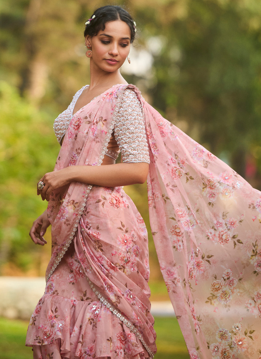 Light Pink Floral Embroidered Ruffled Saree