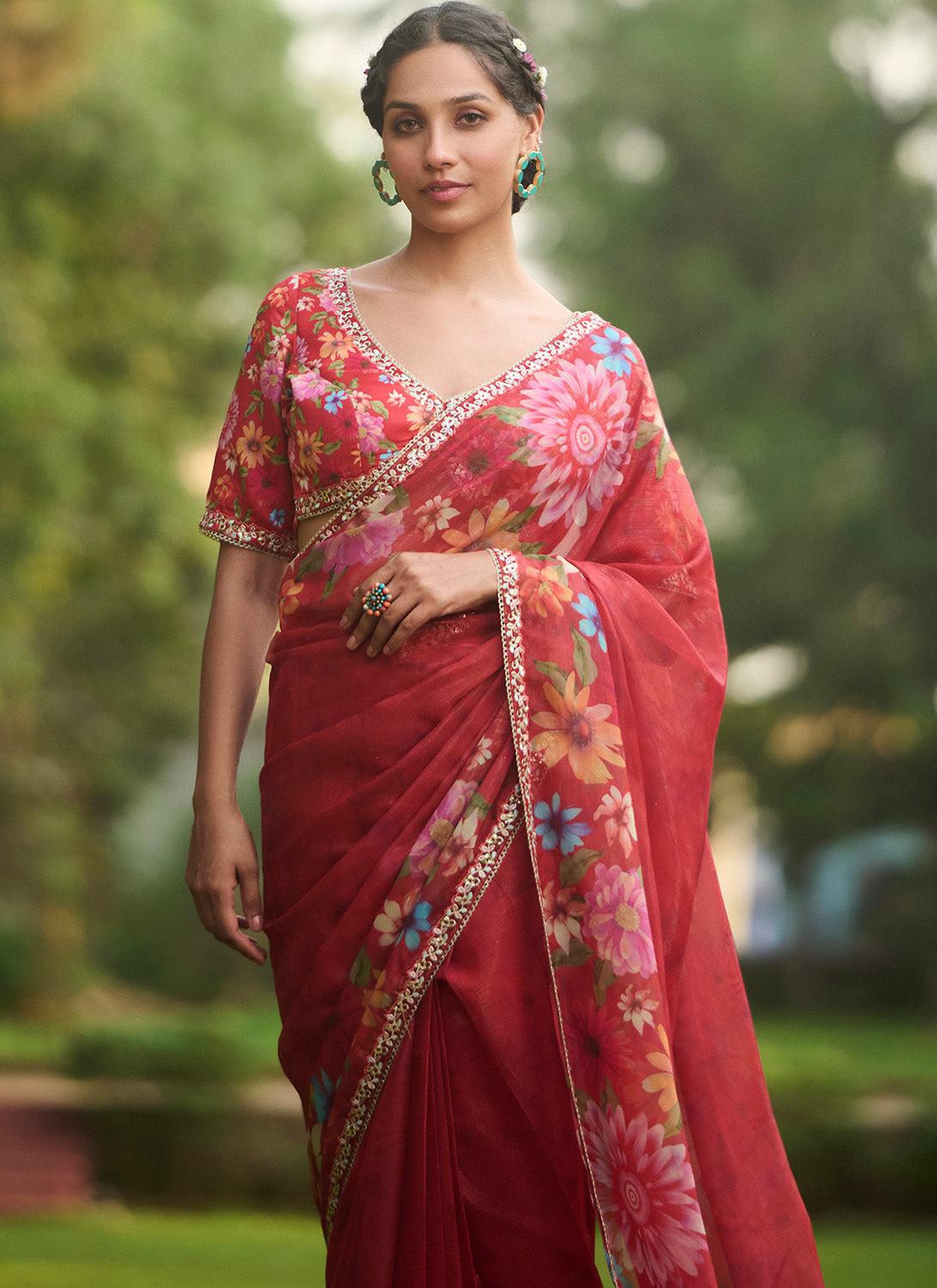 Red Multicolor Floral Embroidered Saree