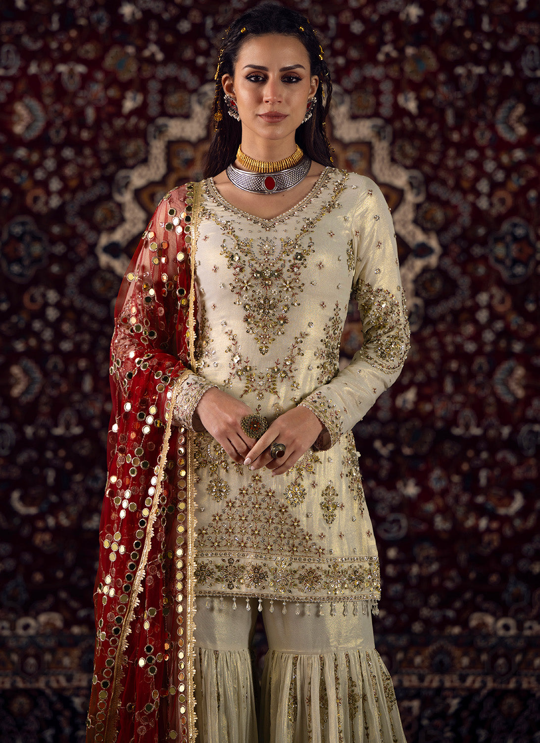 White and Maroon Embroidered Georgette Gharara - Lashkaraa
