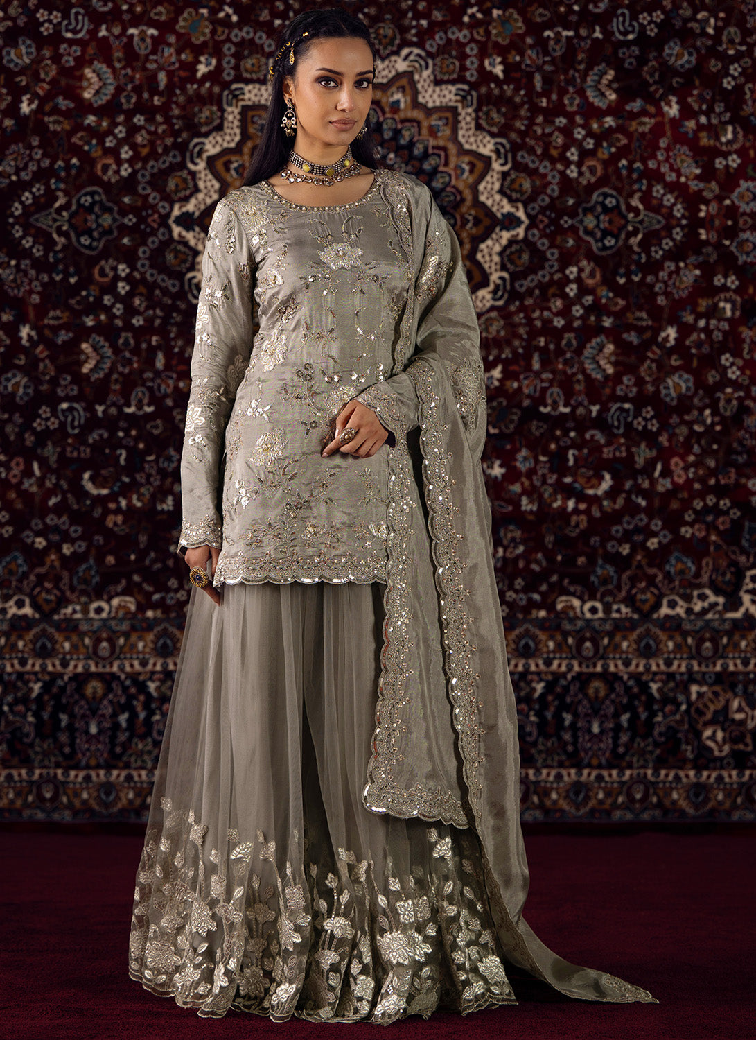 Grey Embroidered Silk Sharara Suit