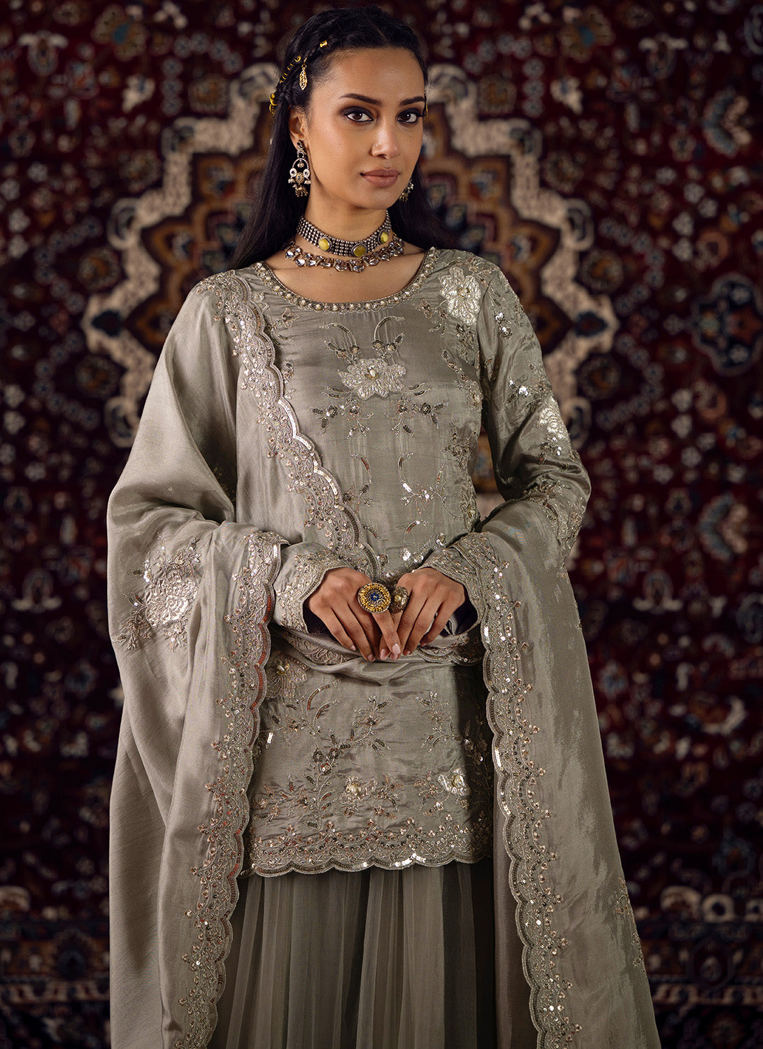 Grey Embroidered Silk Sharara Suit - Lashkaraa