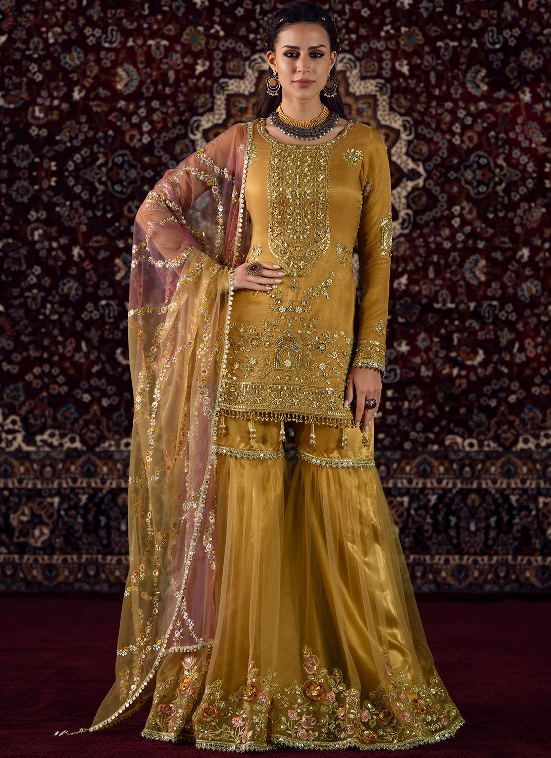 Mustard and Pink Embroidered Tissue Gharara