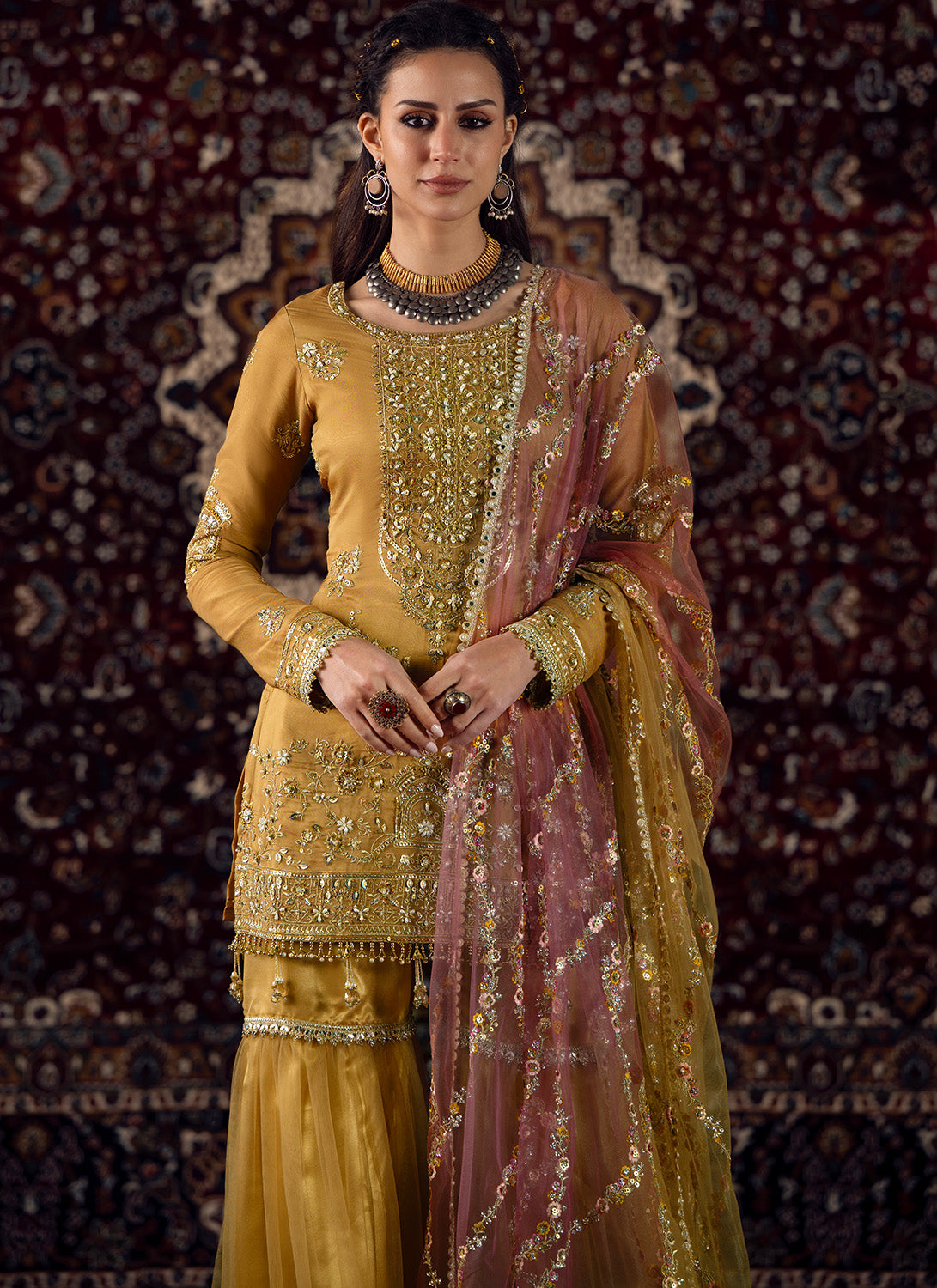 Mustard and Pink Embroidered Tissue Gharara - Lashkaraa