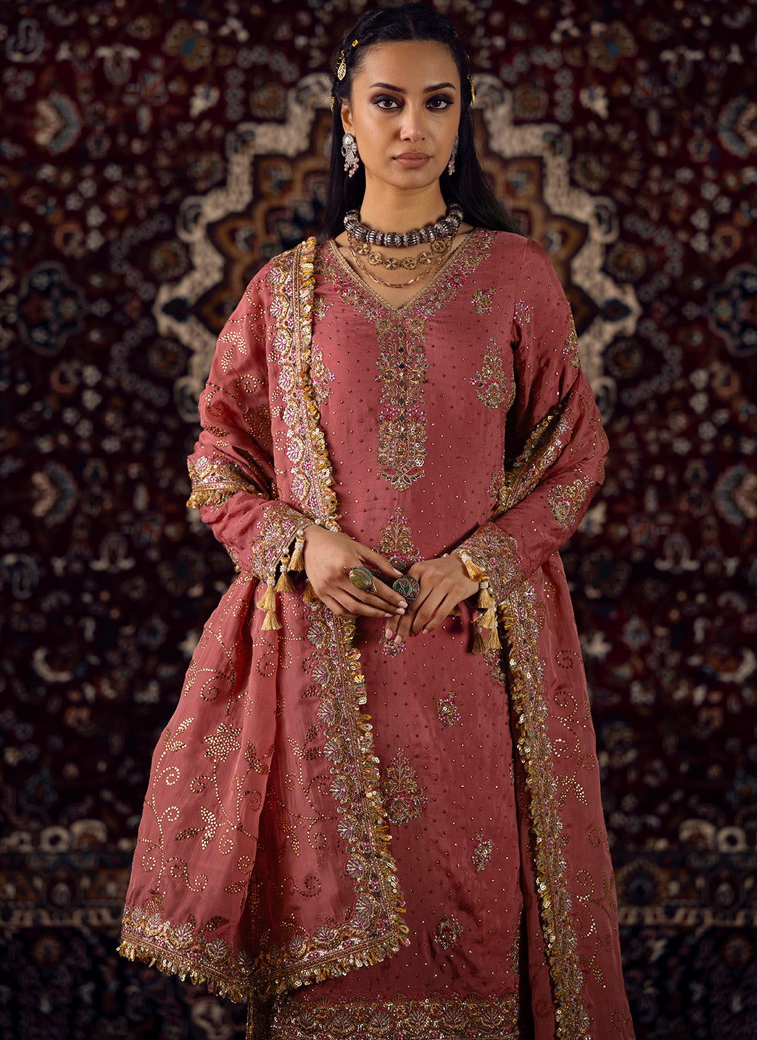 Coral Pink Embroidered Viscose Organza Straight Suit - Lashkaraa