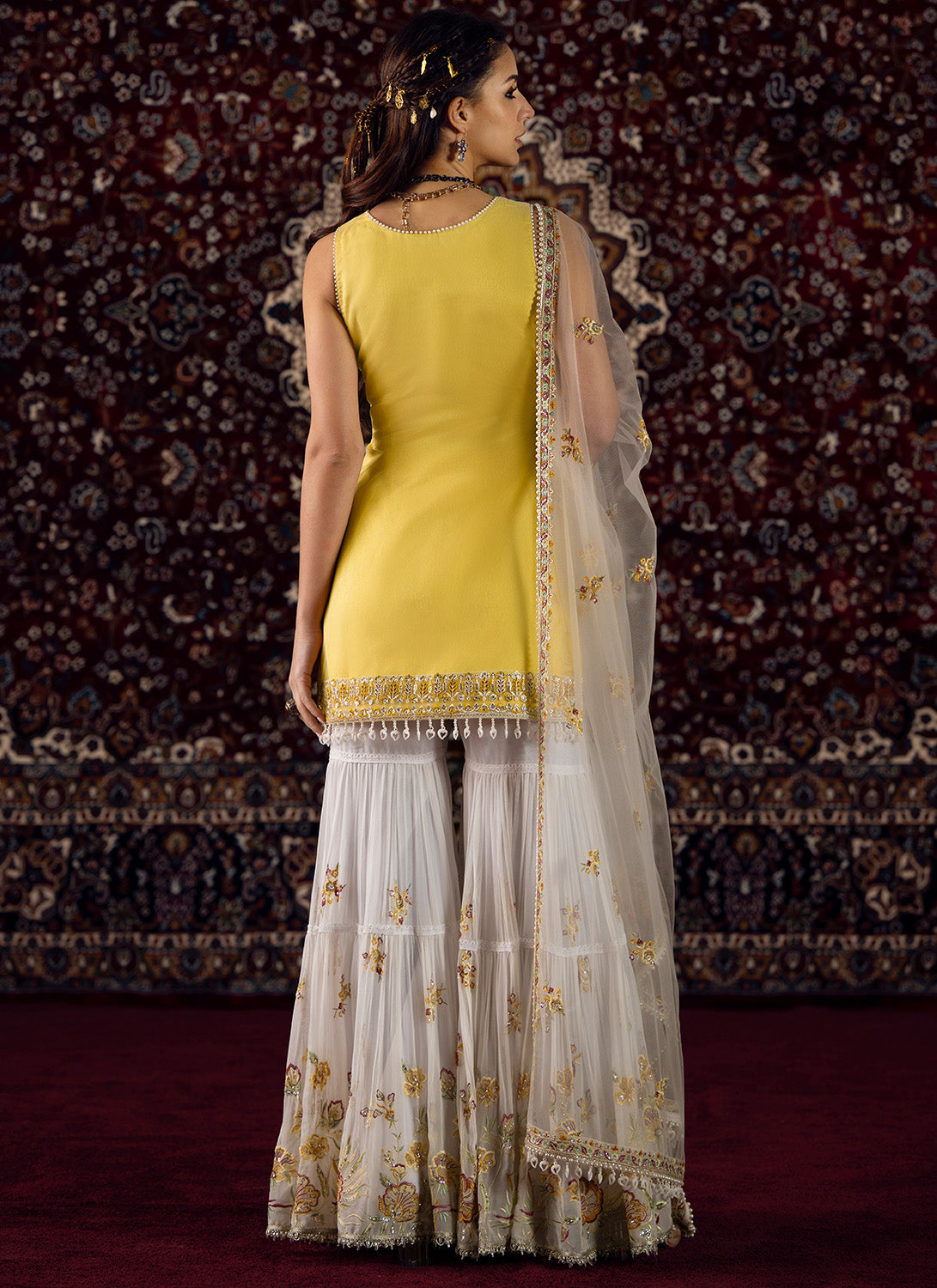 Yellow and White Embroidered Net Gharara Suit - Lashkaraa