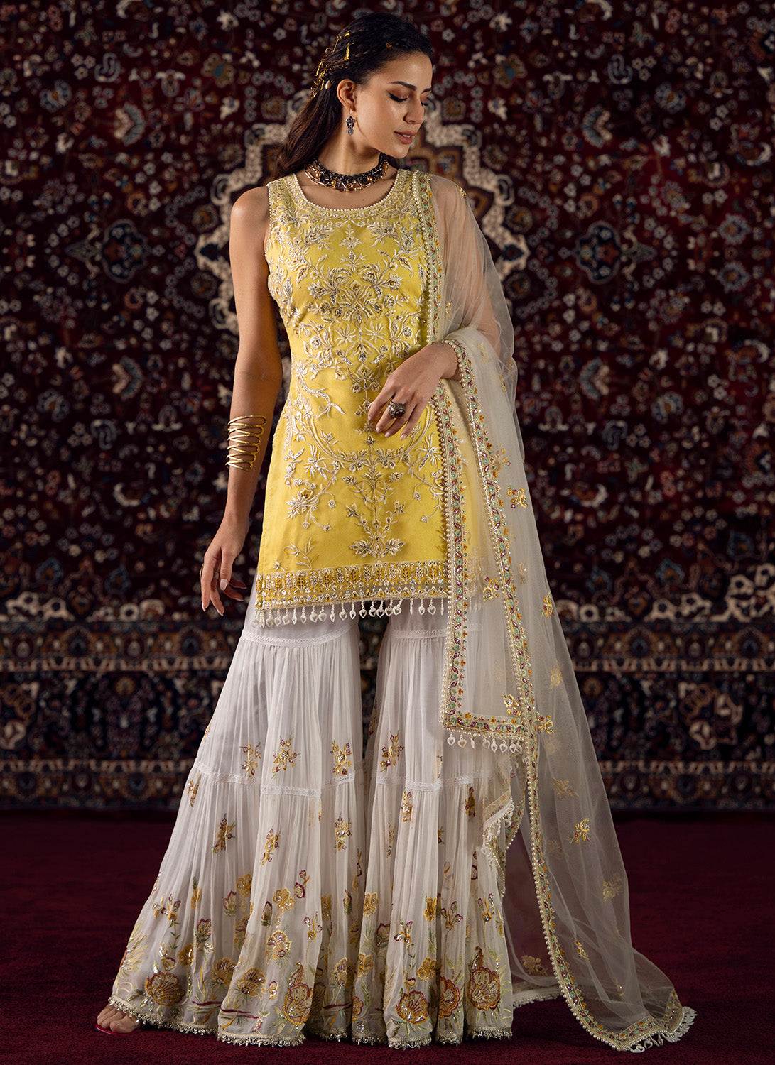 Yellow and White Embroidered Net Gharara Suit - Lashkaraa