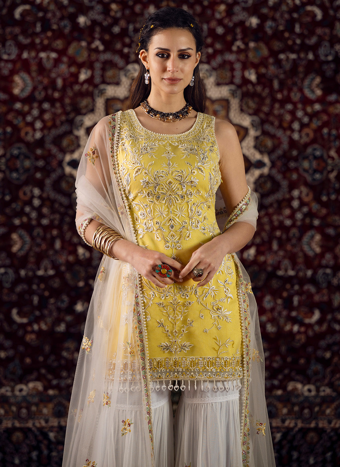 Yellow and White Embroidered Net Gharara Suit - Lashkaraa