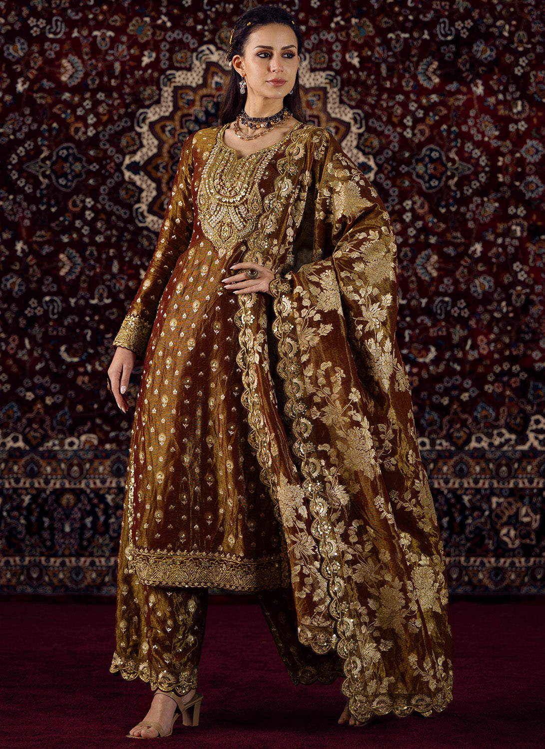 Deep Rust Embroidered Tissue Straight Suit - Lashkaraa
