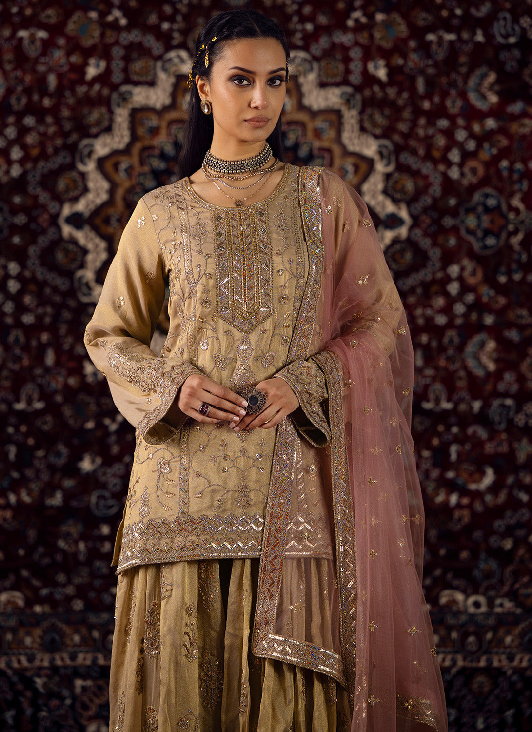 Gold and Soft Pink Embroidered Tissue Gharara Suit