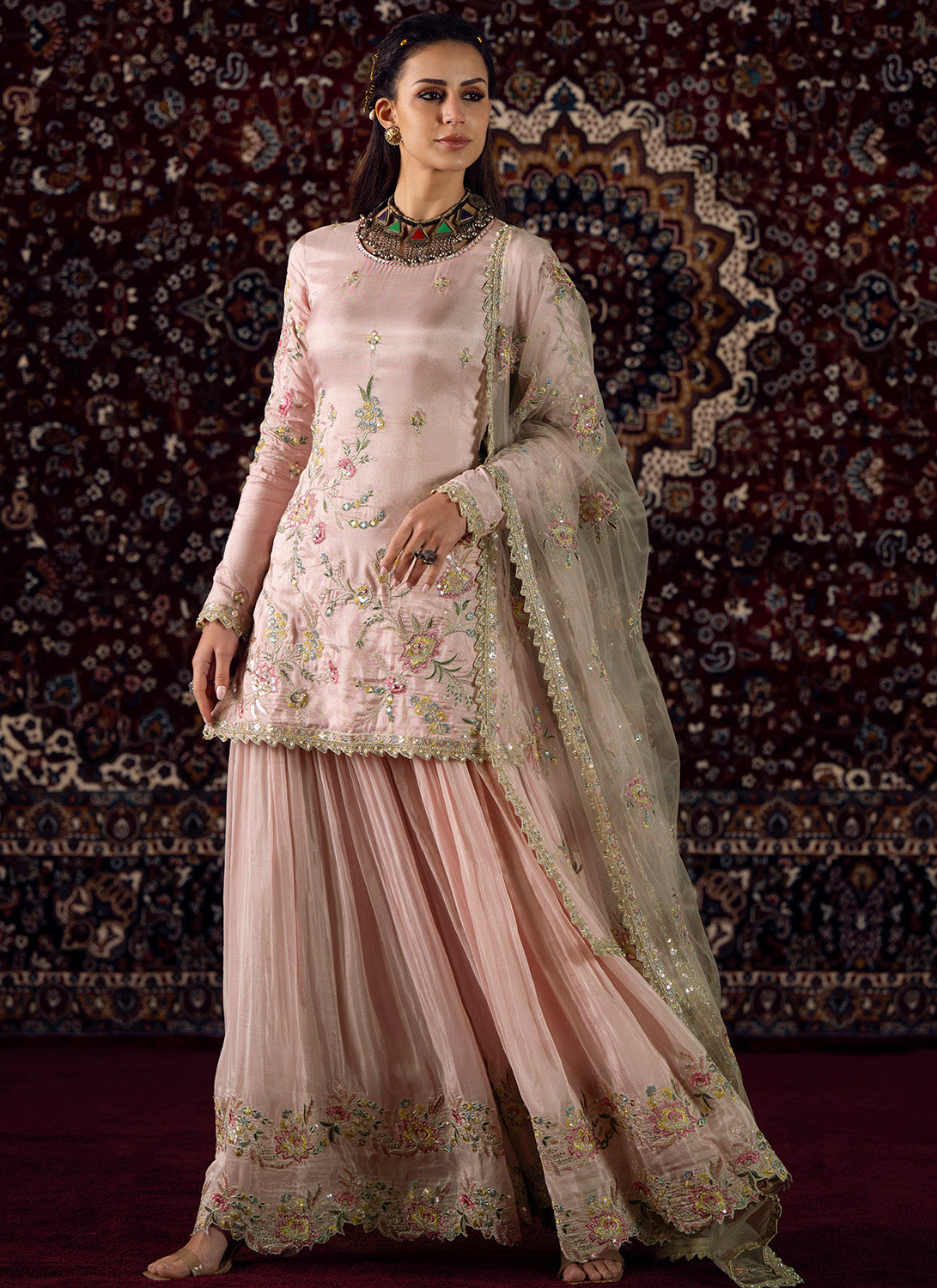 Soft Pink Embroidered Silk Sharara Suit - Lashkaraa