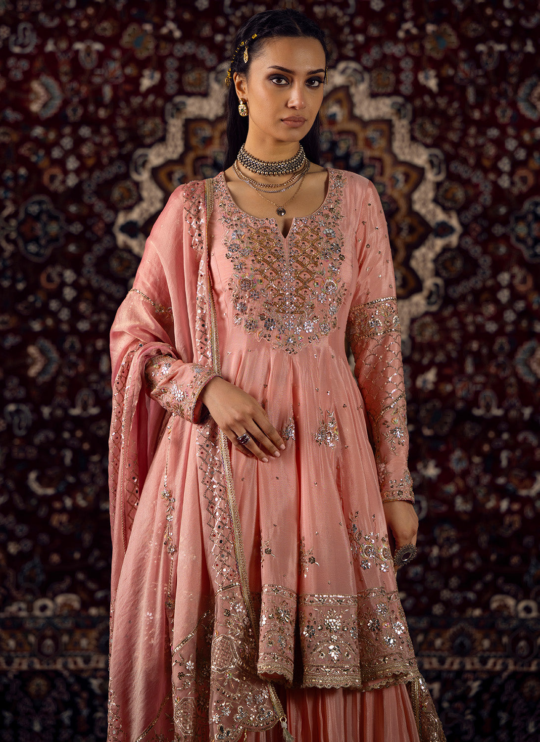 Peachy Pink Embroidered Viscose Chinon Sharara - Lashkaraa