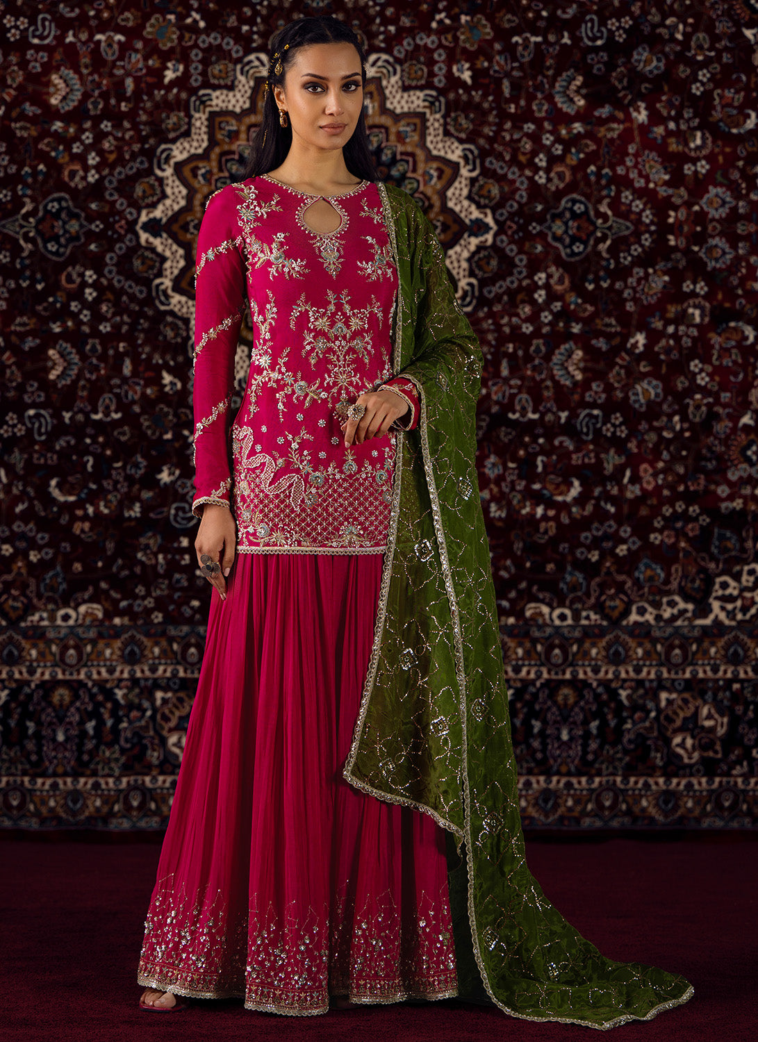 Pink and Mehendi Green Embroidered Viscose Crepe Sharara