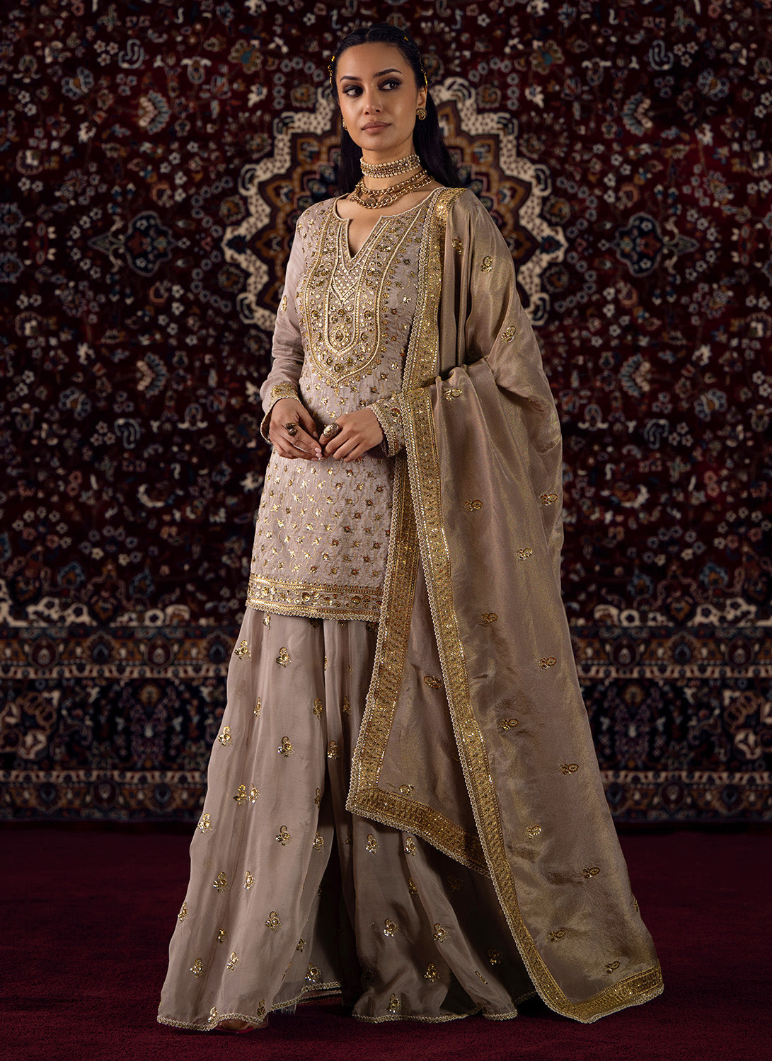Dusty Lilac Embroidered Silk Sharara Suit - Lashkaraa