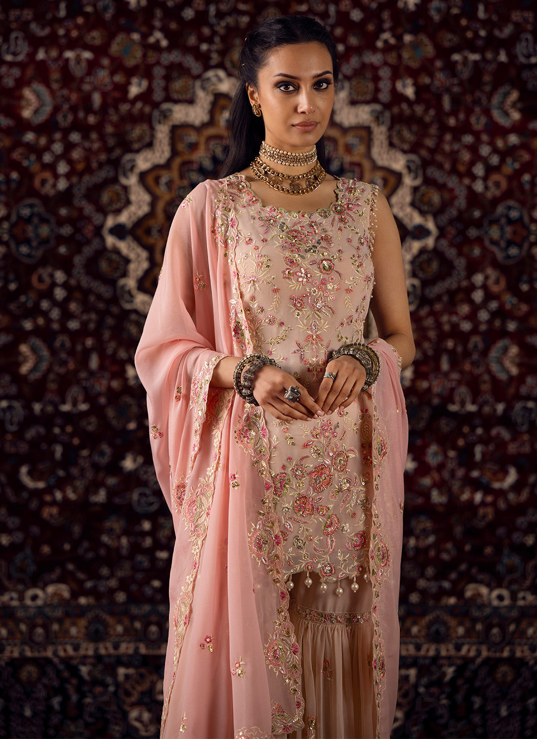 Nude and Pink Embroidered Georgette Gharara - Lashkaraa