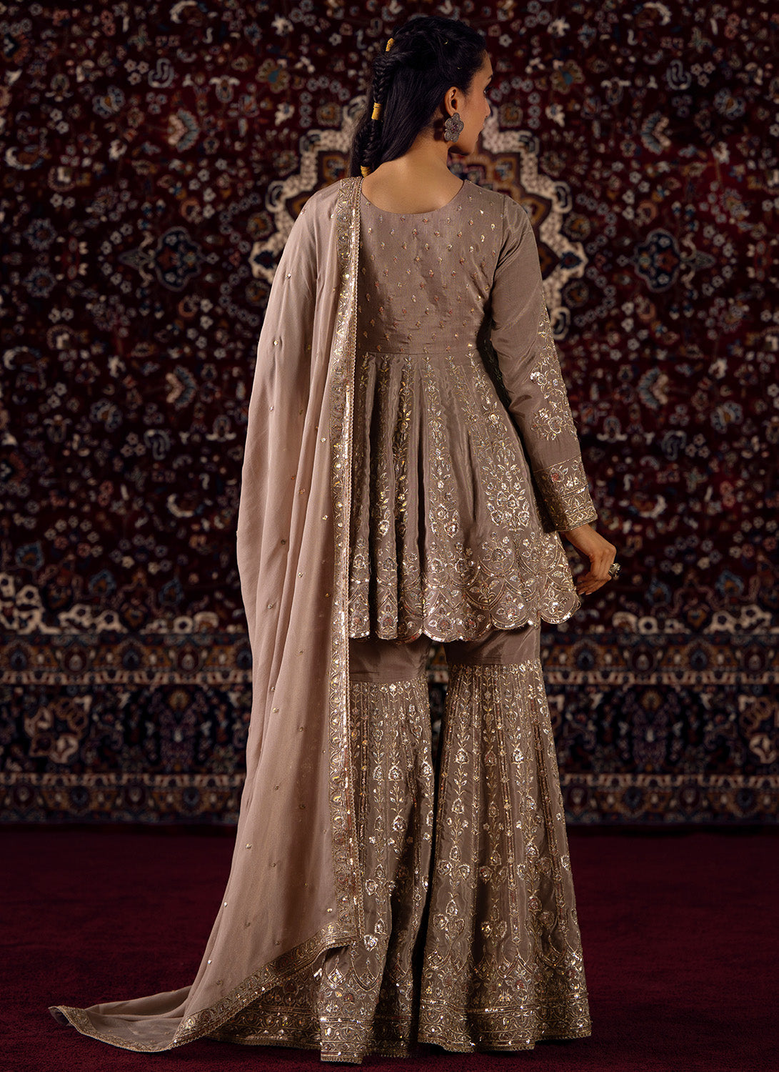 Dusty Taupe Embroidered Chinon Gharara Suit - Lashkaraa