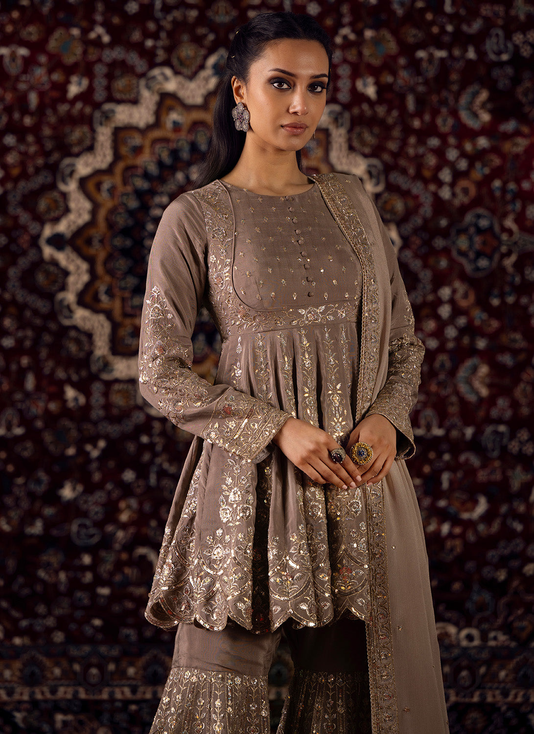 Dusty Taupe Embroidered Chinon Gharara Suit - Lashkaraa