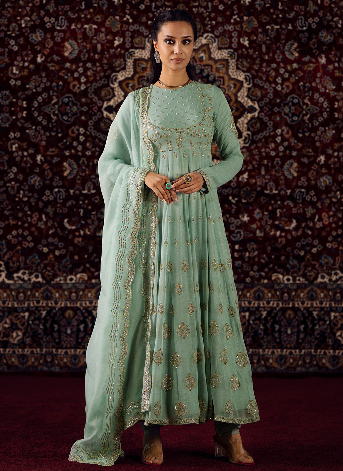 Mint Green Embroidered Georgette Anarkali