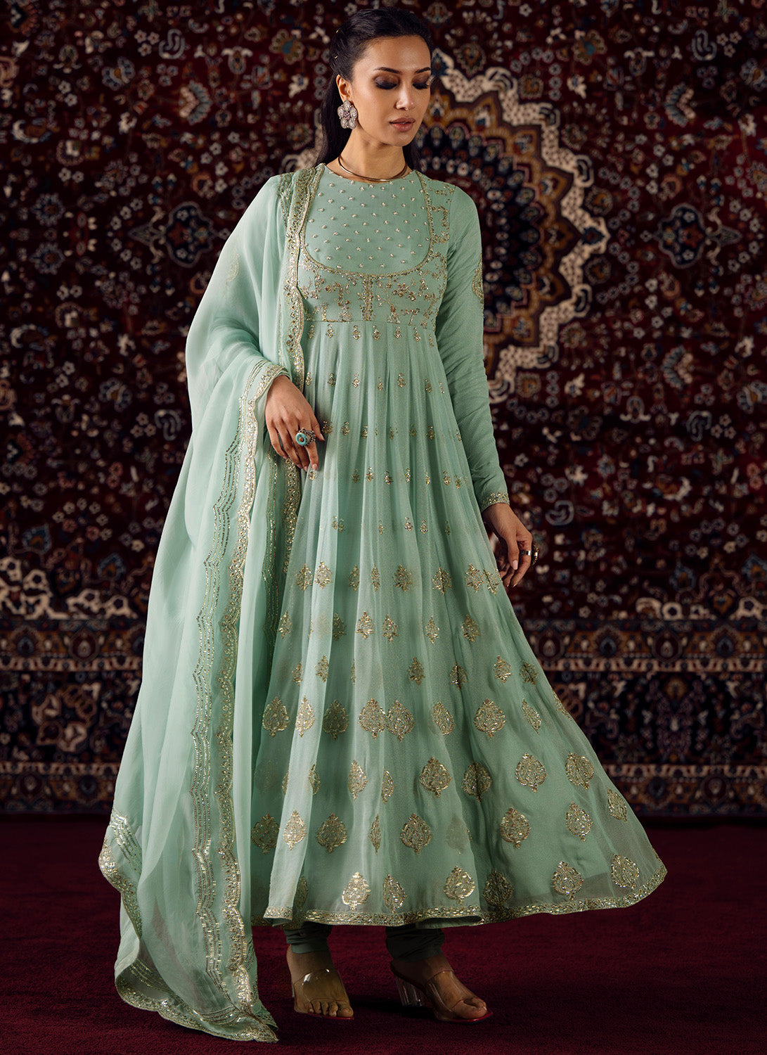 Mint Green Embroidered Georgette Anarkali