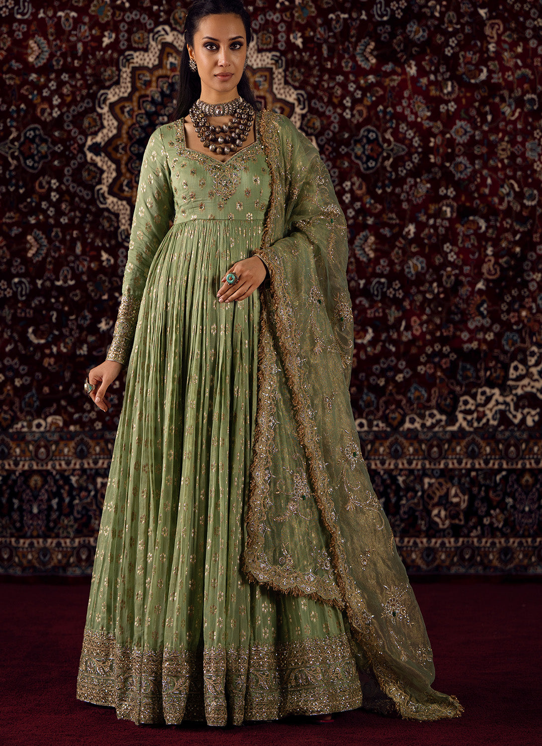 Mint Green Embroidered Viscose Brocade Anarkali