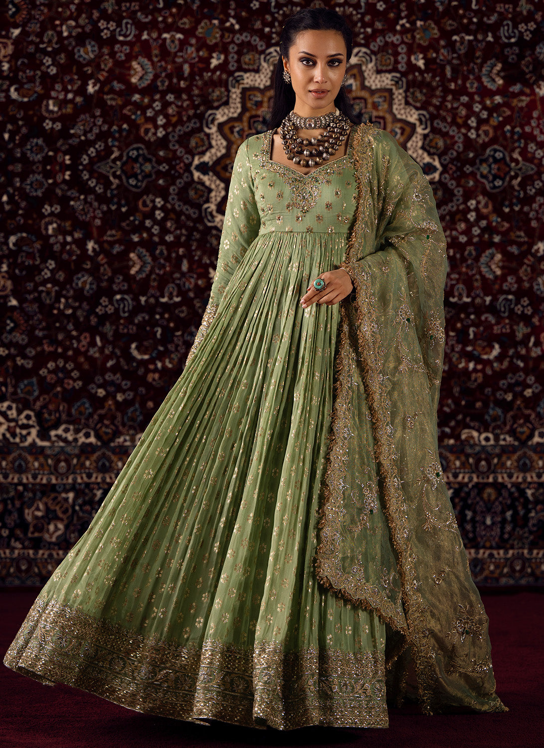 Mint Green Embroidered Viscose Brocade Anarkali - Lashkaraa