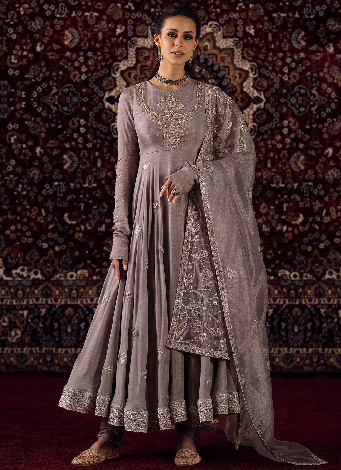 Mauve Grey Embroidered Crepe Anarkali