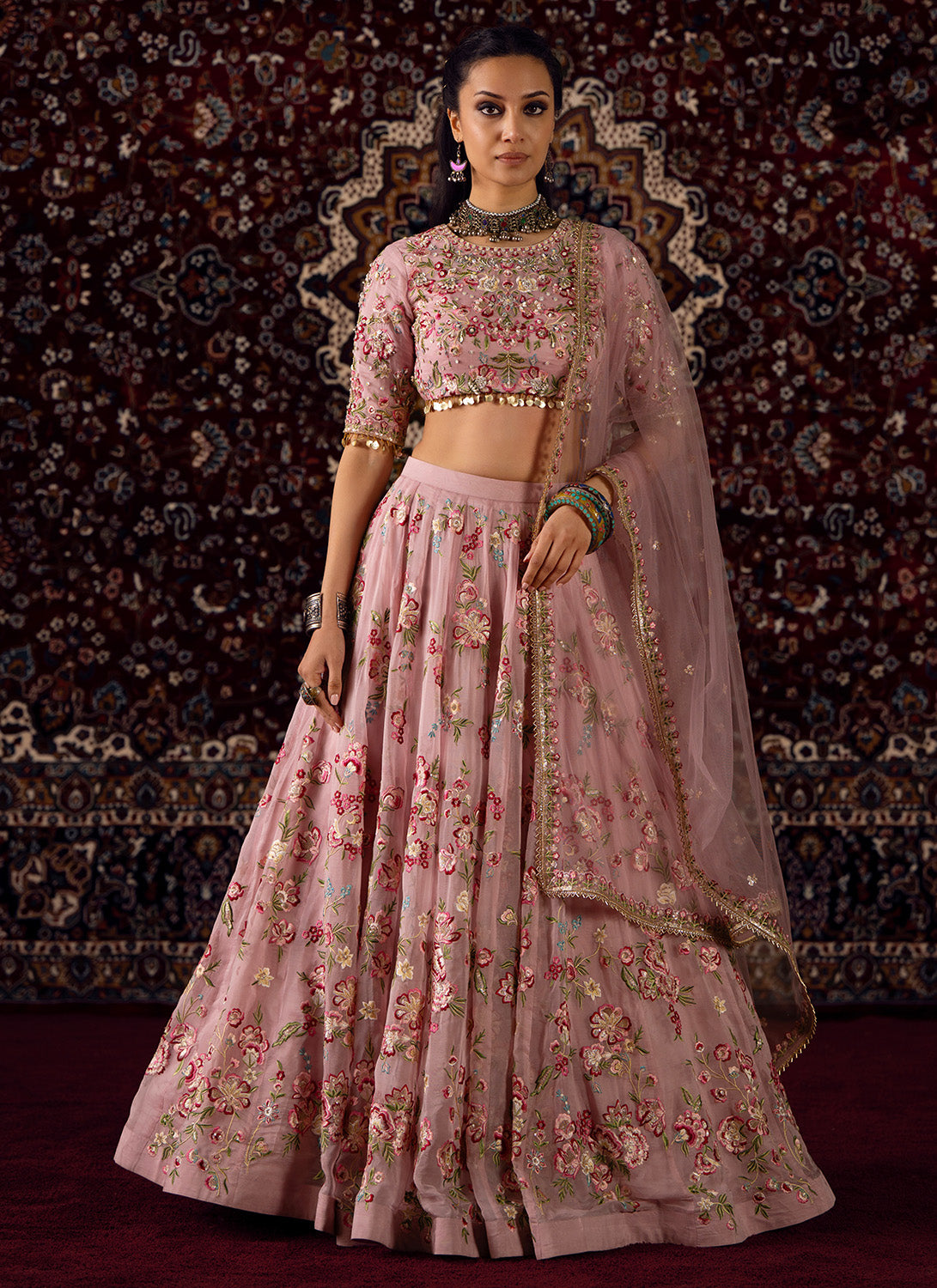 Pink Floral Embroidered Organza Lehenga