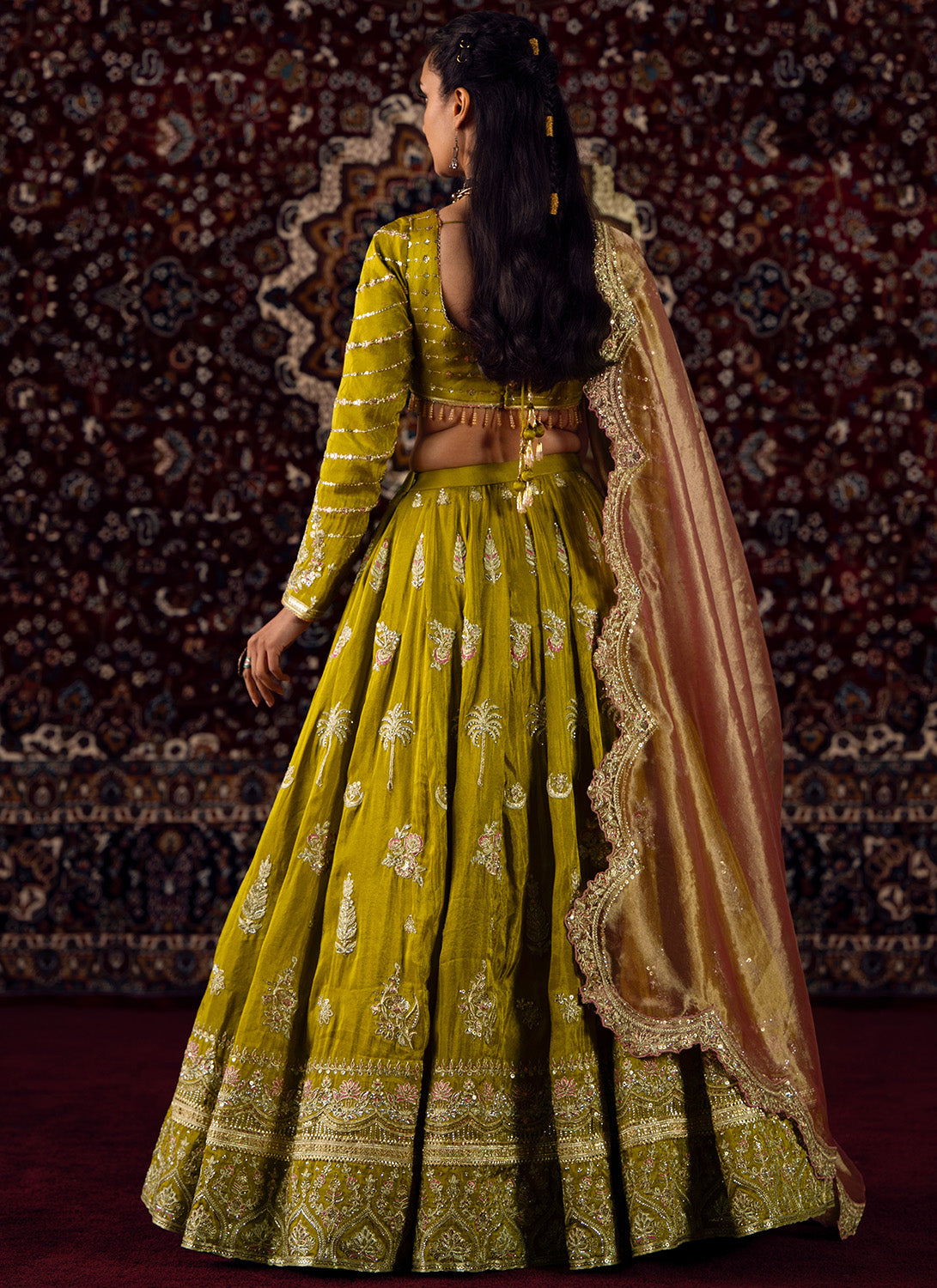 Mustard Olive Green Embroidered Viscose Tissue Lehenga - Lashkaraa
