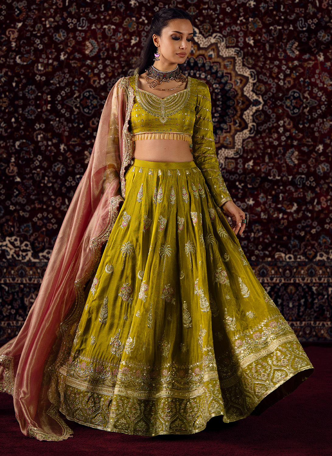 Mustard Olive Green Embroidered Viscose Tissue Lehenga - Lashkaraa