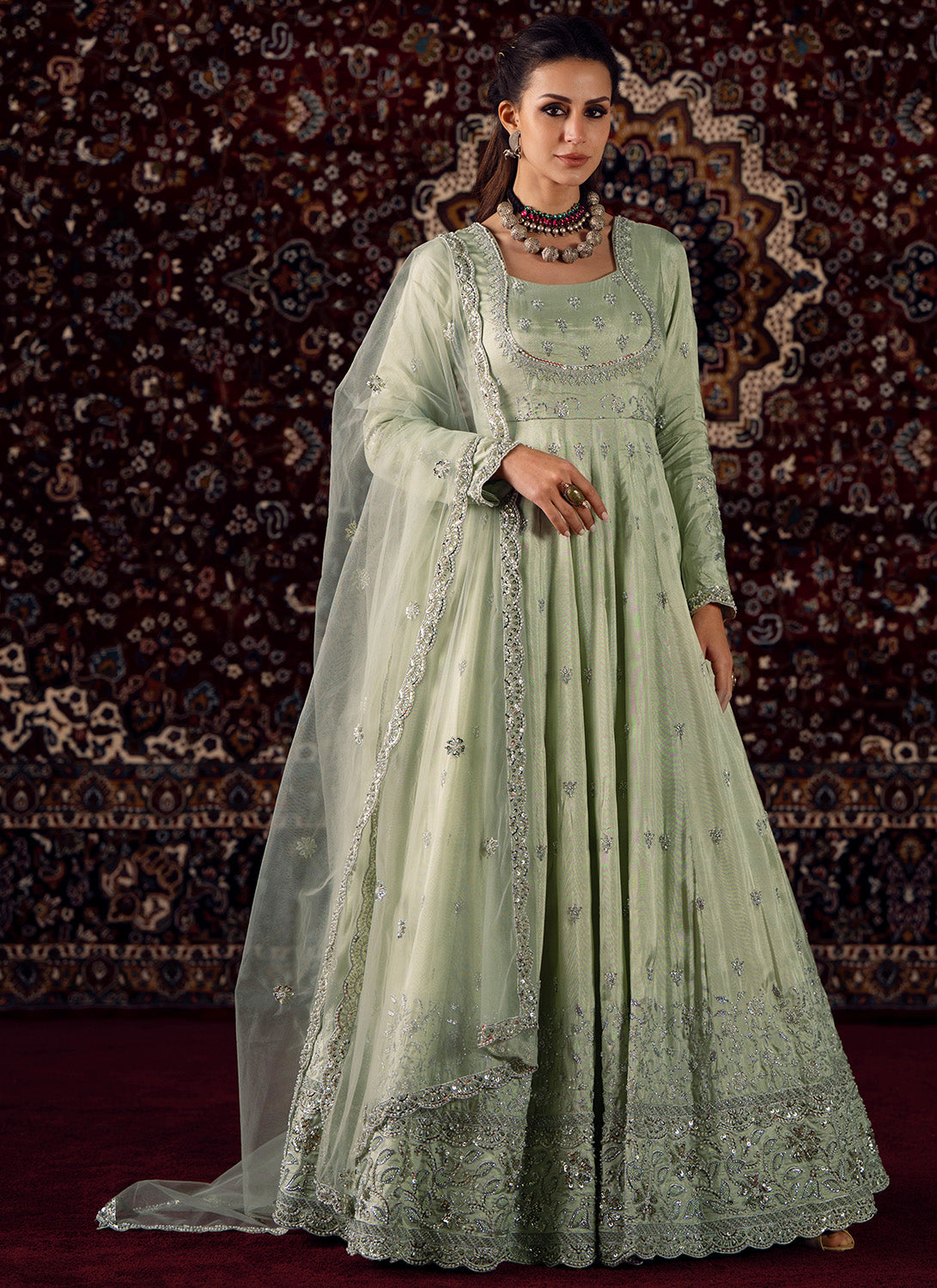 Soft Mint Embroidered Silk Anarkali